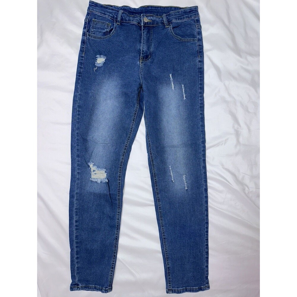 Women’s Blue Denim Skinny Jeans Size M Solid Button Cotton Blend